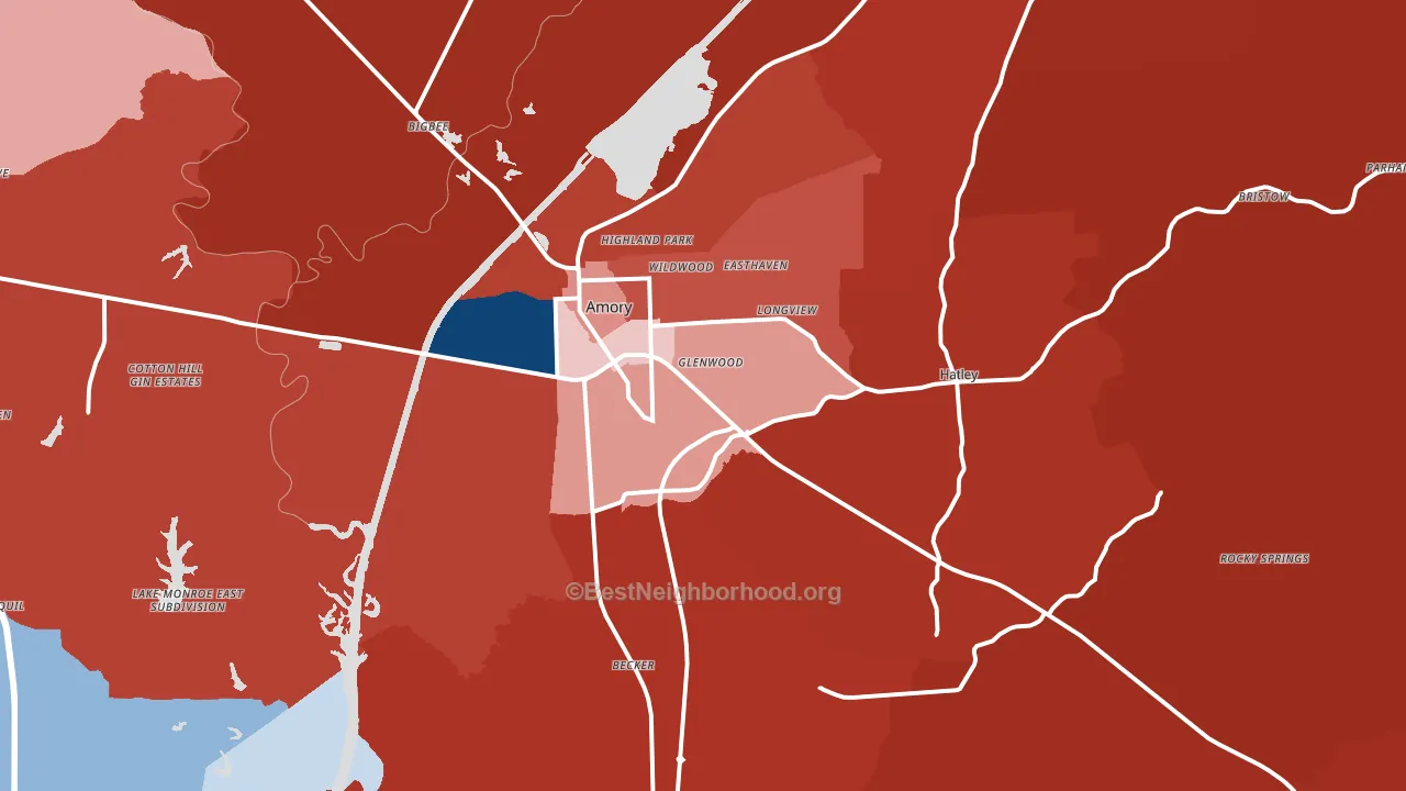 Amory, MS block-group political-lean map
