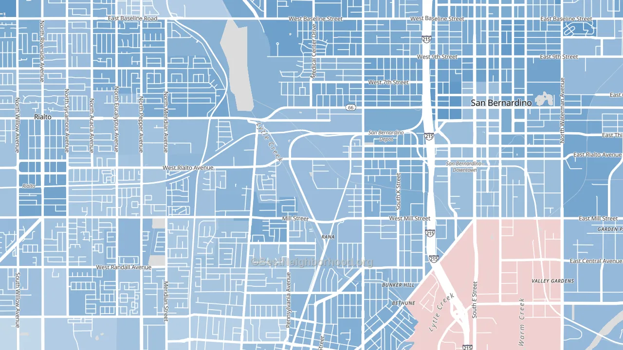 Amtrak, San Bernardino, CA block-group political-lean map
