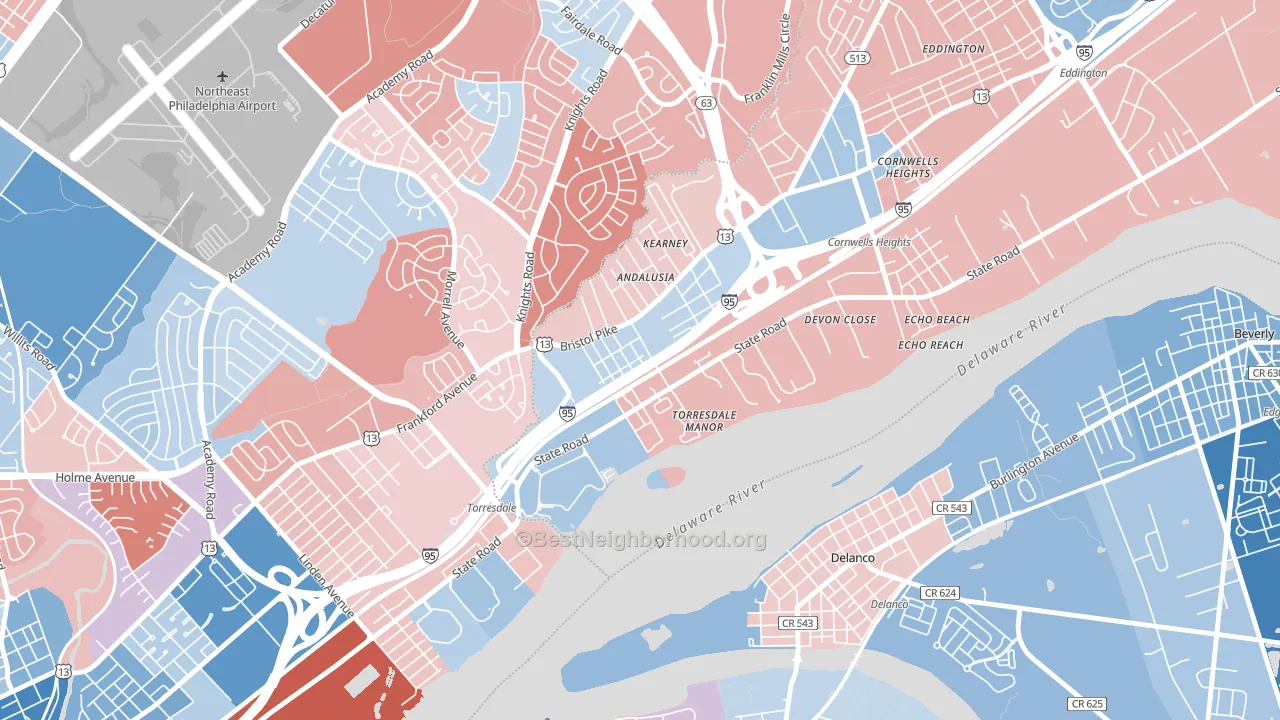 Andalusia, Bensalem, PA block-group political-lean map