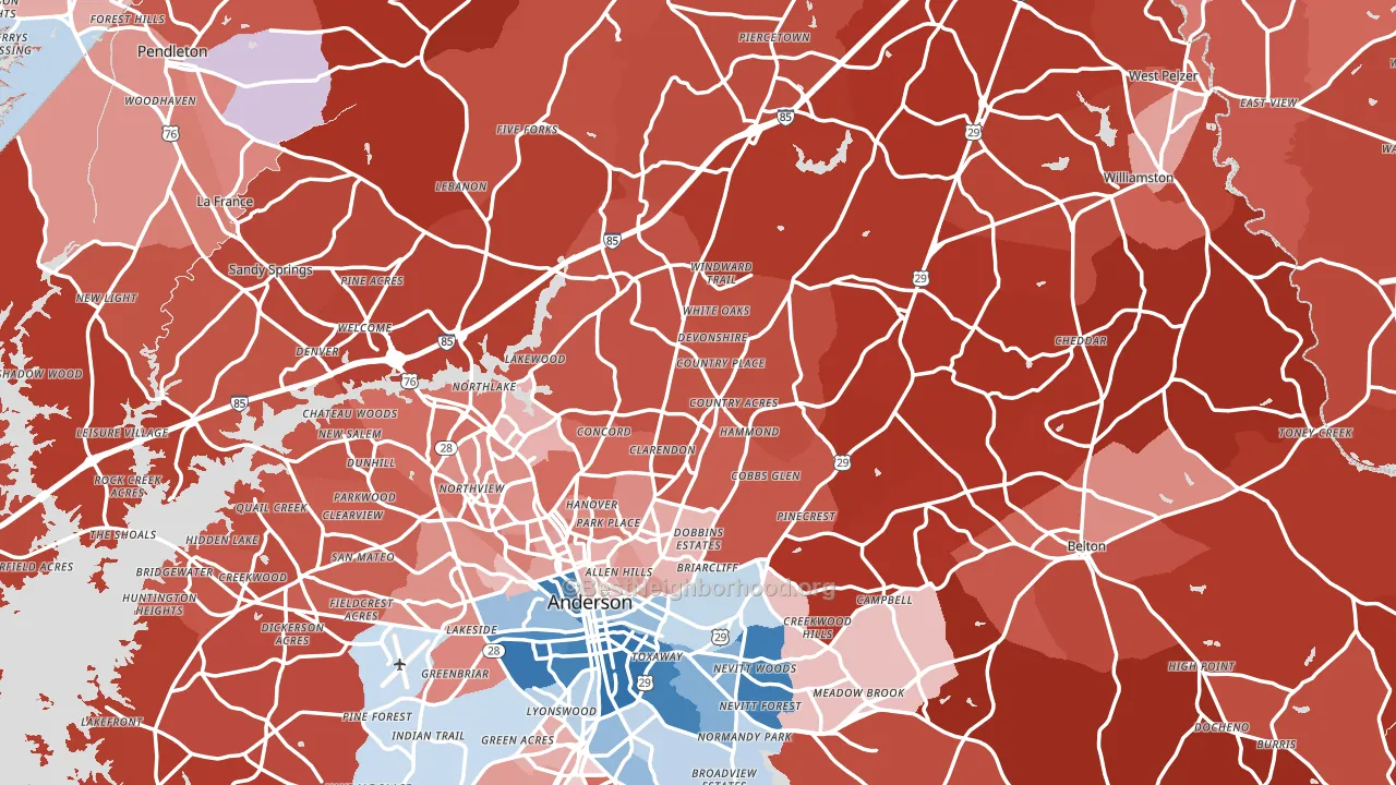 Anderson County, SC block-group political-lean map
