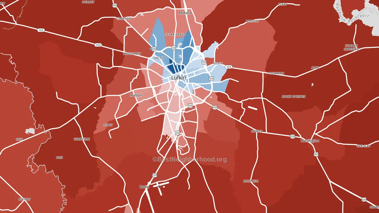 Angelina County, TX block-group political-lean map