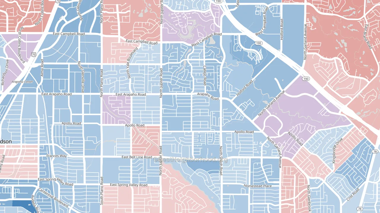Apollo Arapaho and Camelot, Garland, TX block-group political-lean map