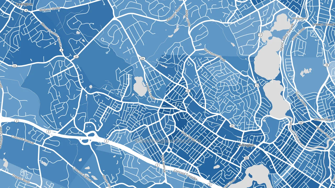 Arlington Heights, Arlington, MA block-group political-lean map