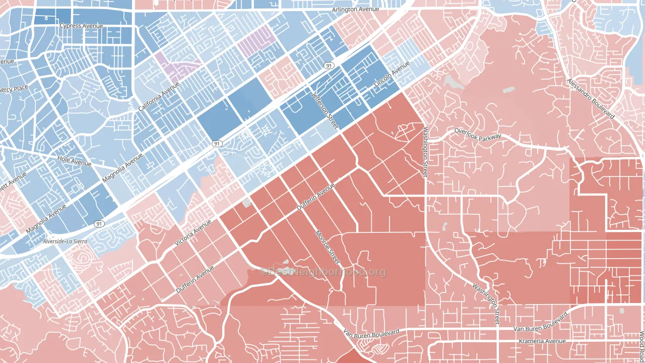 Arlington Heights, Riverside, CA block-group political-lean map