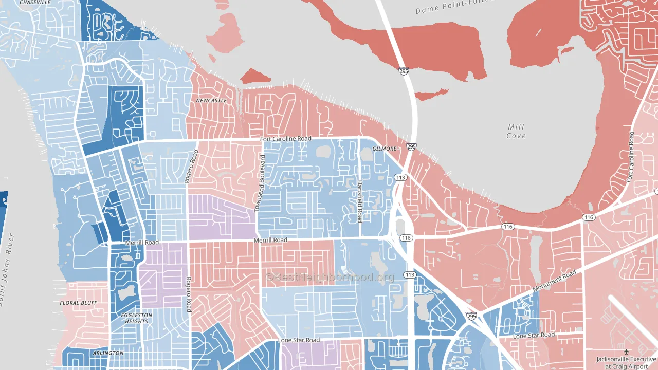Arlington Hills, Jacksonville, FL block-group political-lean map