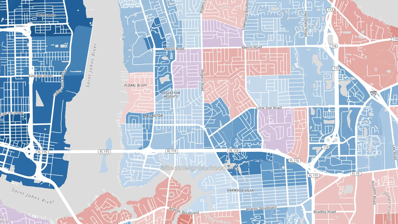 Arlington, Jacksonville, FL block-group political-lean map