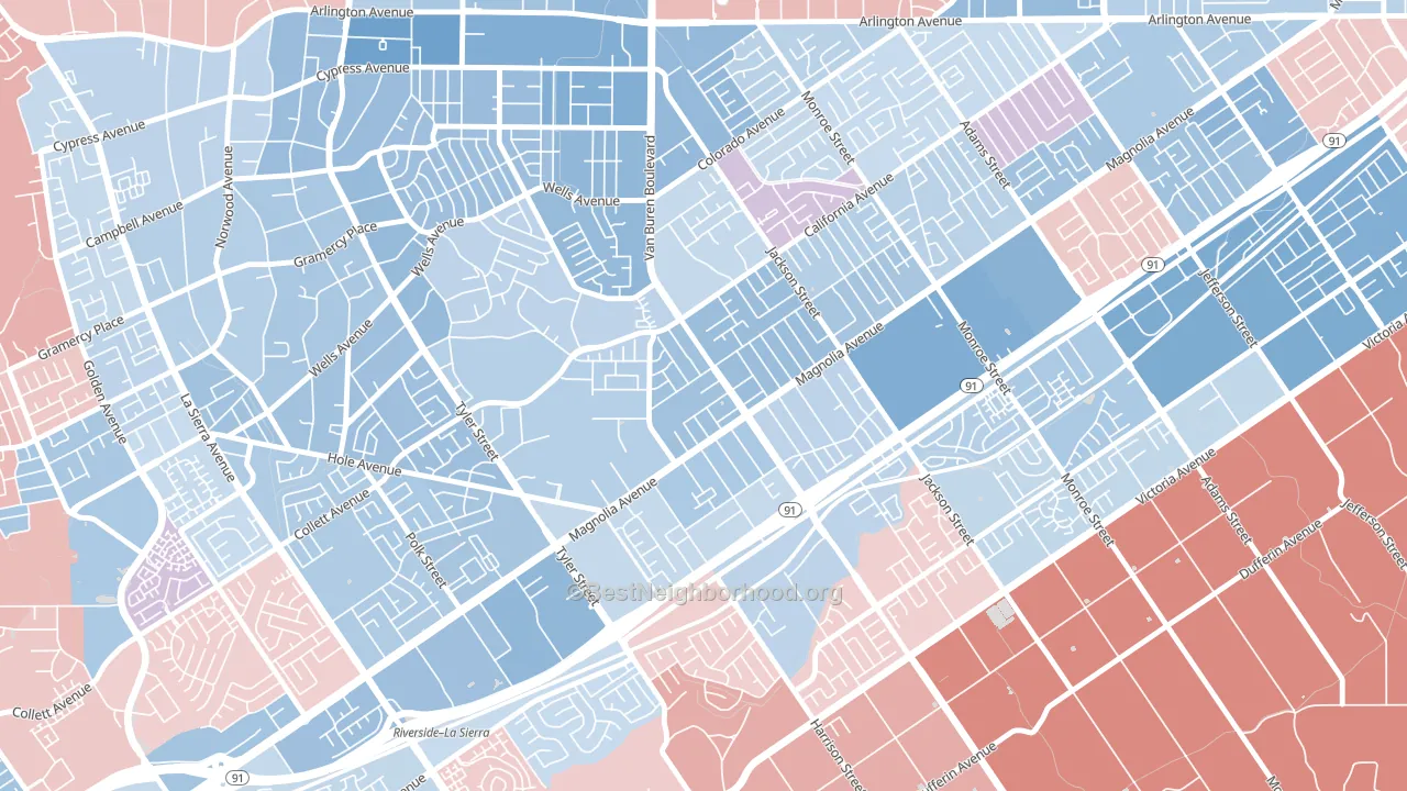 Arlington, Riverside, CA block-group political-lean map