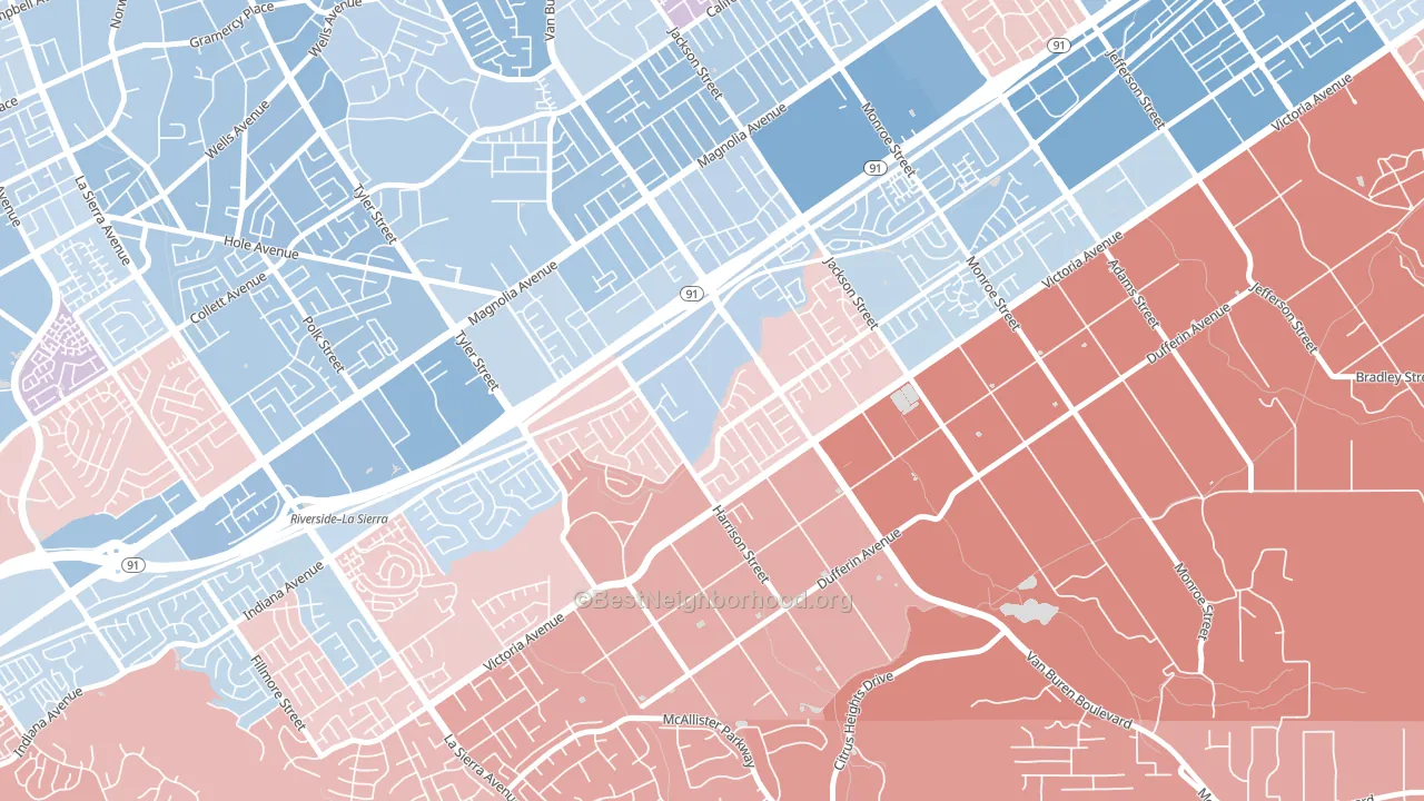 Arlington South, Riverside, CA block-group political-lean map