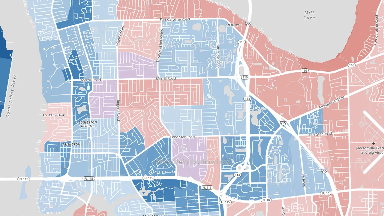 Arlingwood, Jacksonville, FL block-group political-lean map