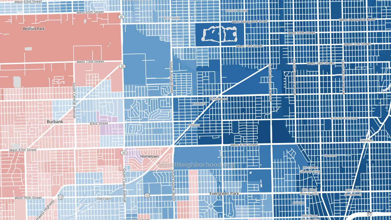 Ashburn, Chicago, IL block-group political-lean map