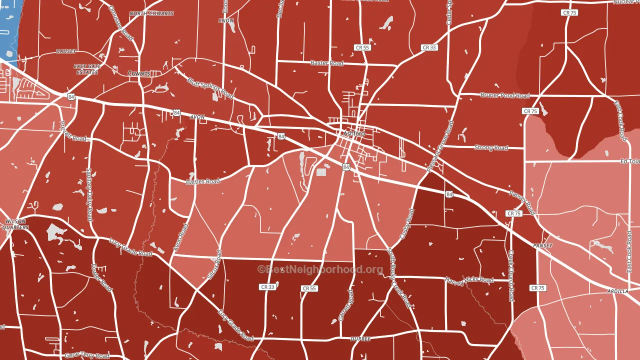 Ashford, AL block-group political-lean map
