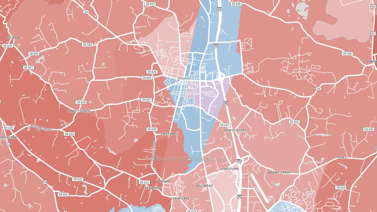 Ashland, VA block-group political-lean map