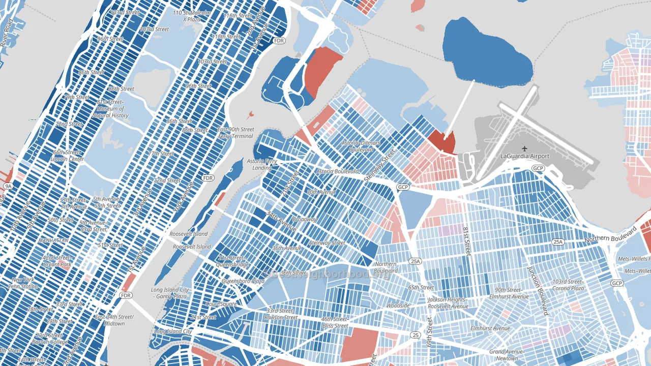 Astoria, Queens, NY block-group political-lean map