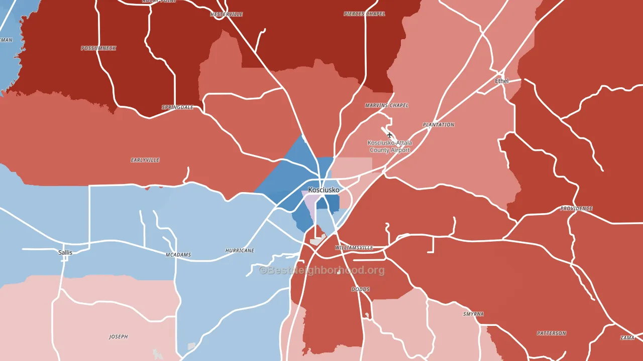 Attala County, MS block-group political-lean map
