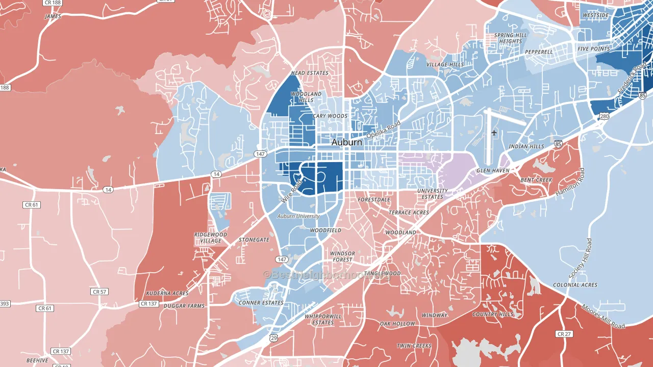 Auburn, AL block-group political-lean map
