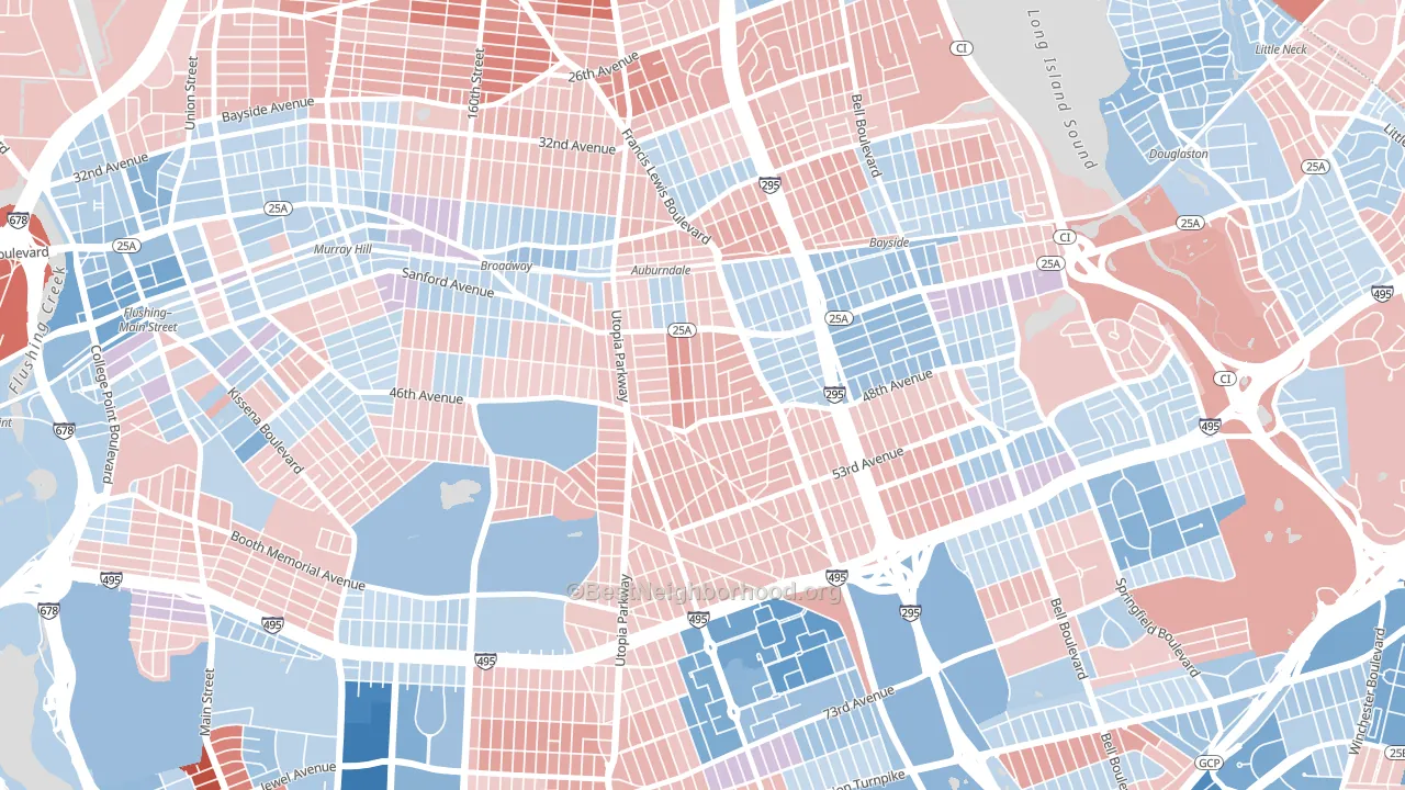Auburndale, Queens, NY block-group political-lean map