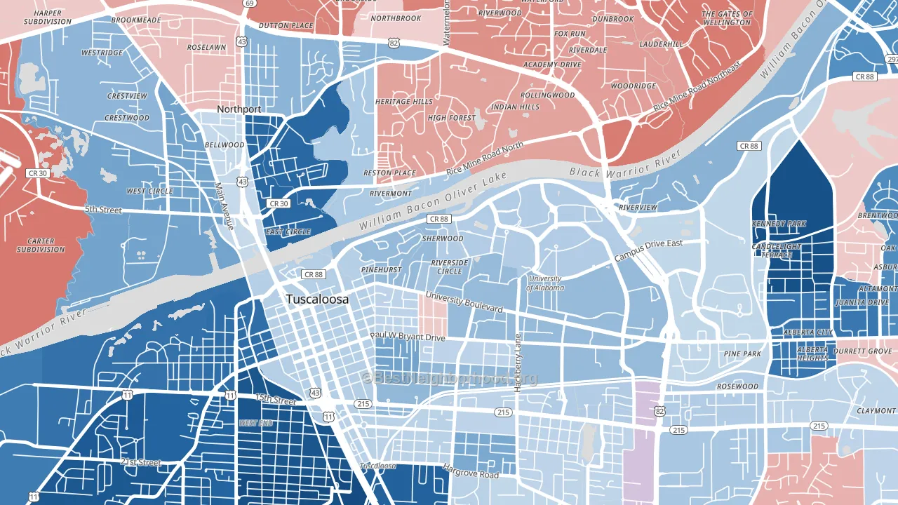 Audubon Place, Tuscaloosa, AL block-group political-lean map
