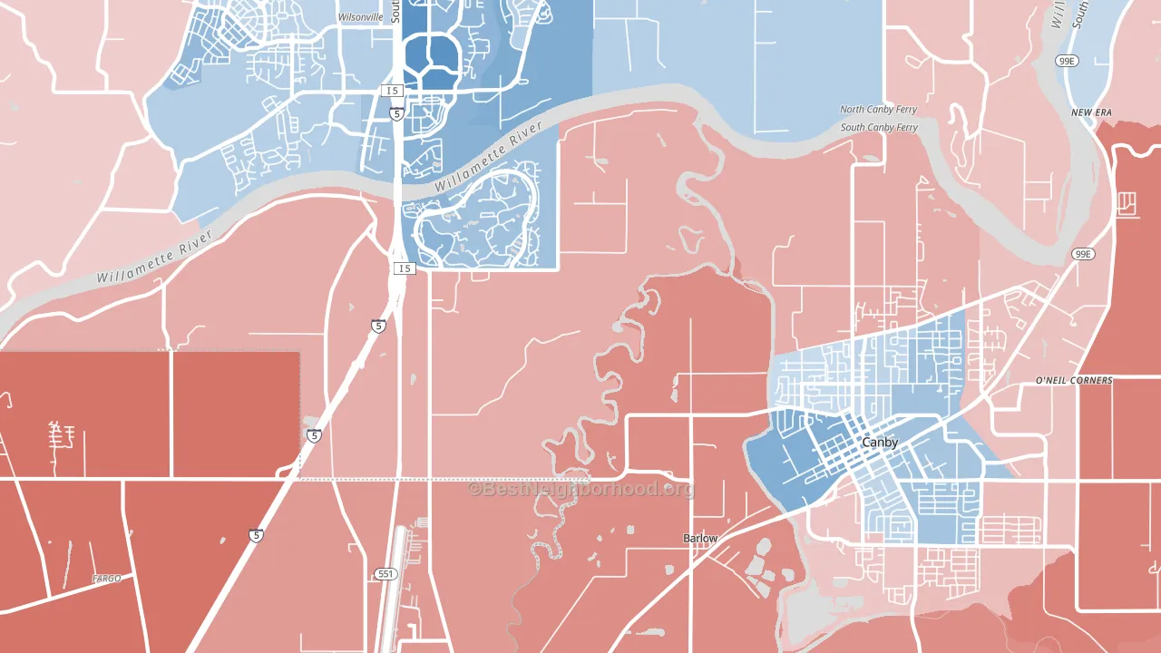 Aurora-Butteville-Barlow, Canby, OR block-group political-lean map