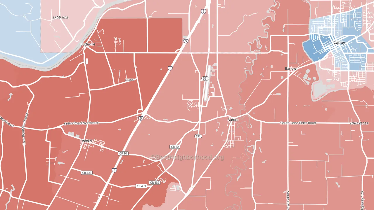 Aurora, OR block-group political-lean map