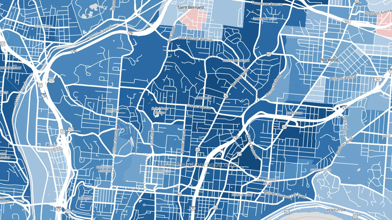Avondale, Cincinnati, OH block-group political-lean map