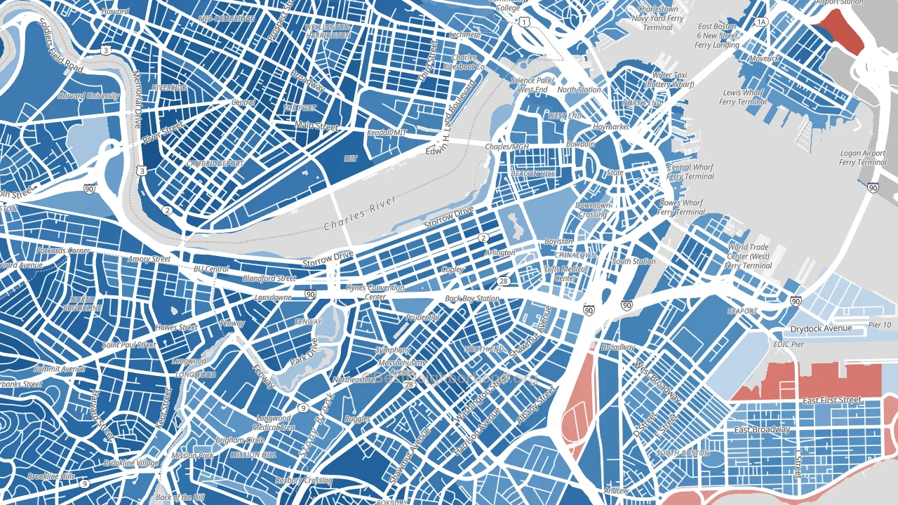 Back Bay, Boston, MA block-group political-lean map