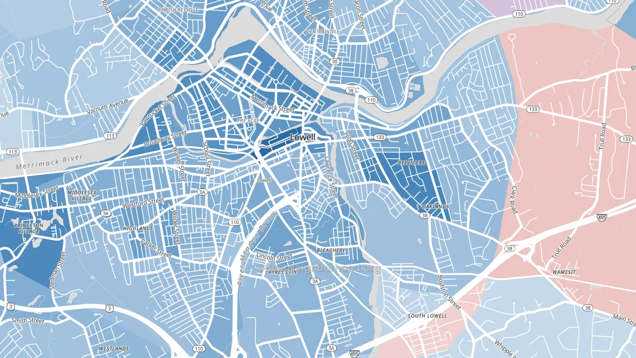 Back Central, Lowell, MA block-group political-lean map