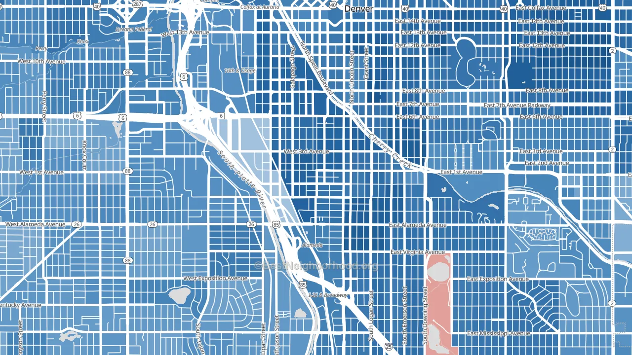 Baker, Denver, CO block-group political-lean map