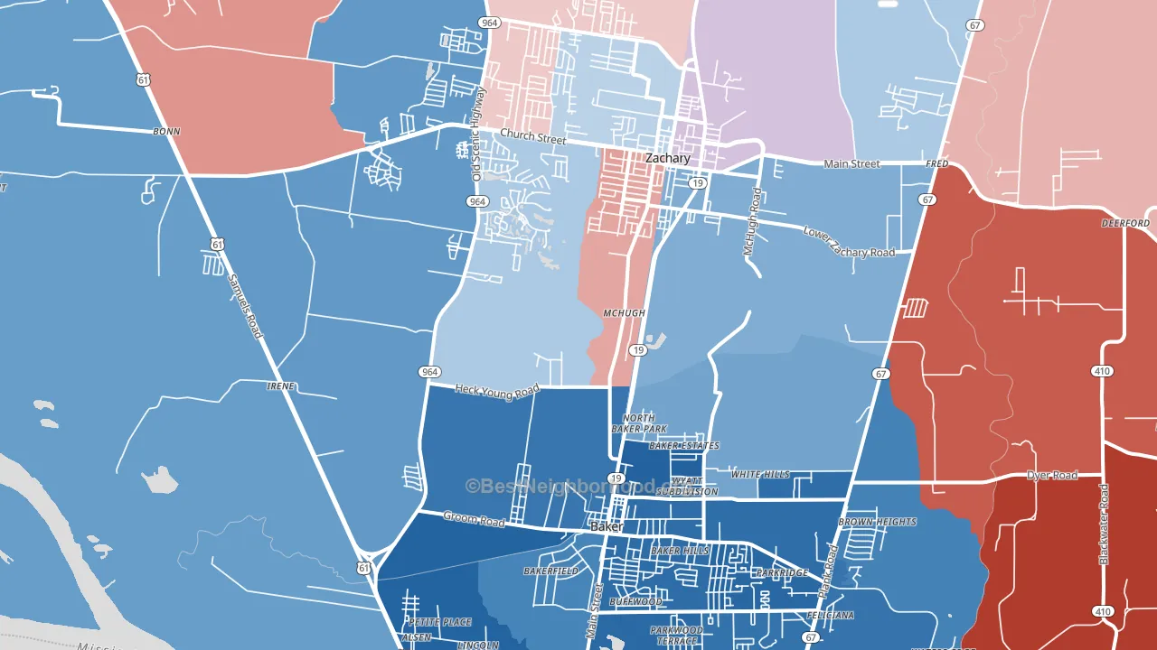 Baker-Zachary Area, Baker, LA block-group political-lean map