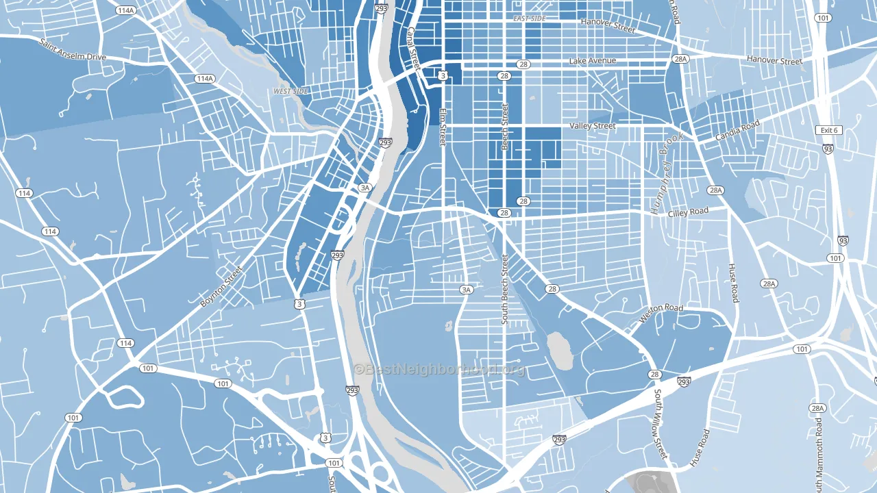 Bakersville, Manchester, NH block-group political-lean map