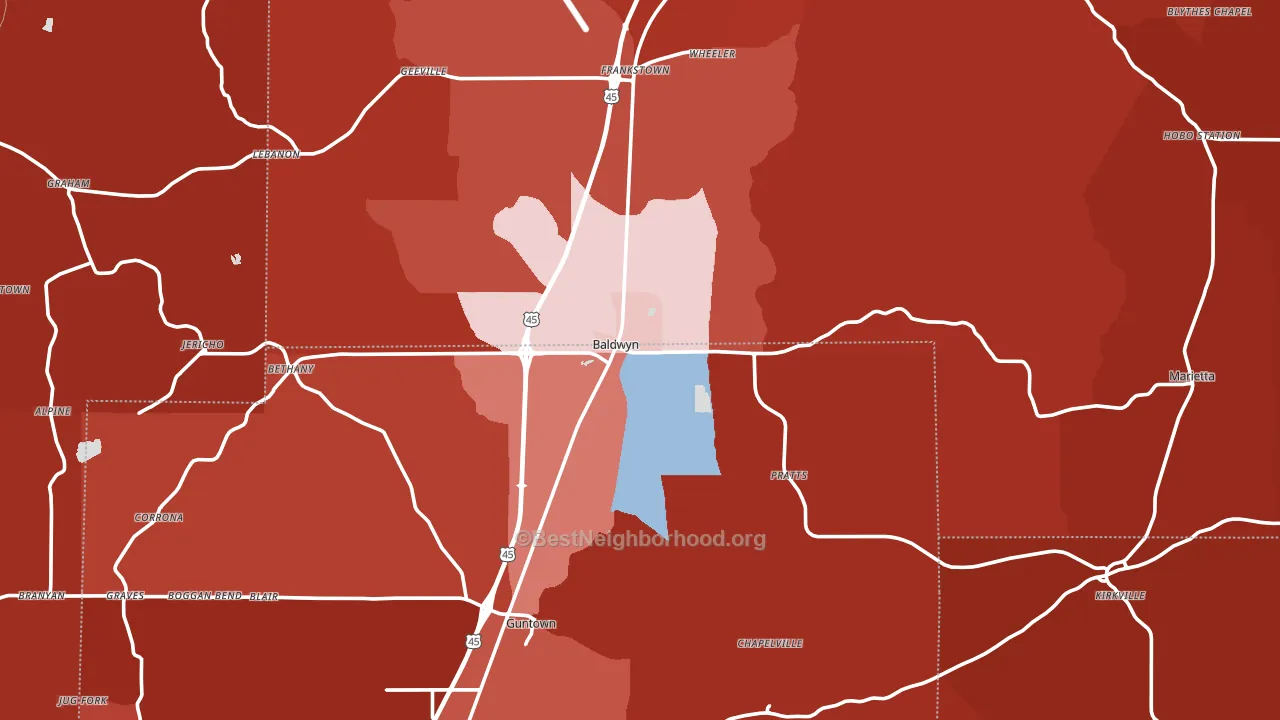 Baldwyn, MS block-group political-lean map