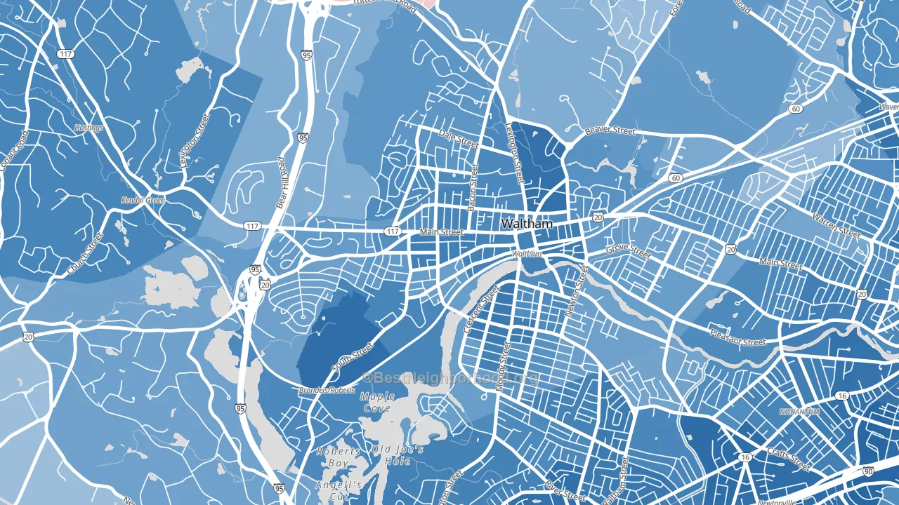 Bank Square, Waltham, MA block-group political-lean map