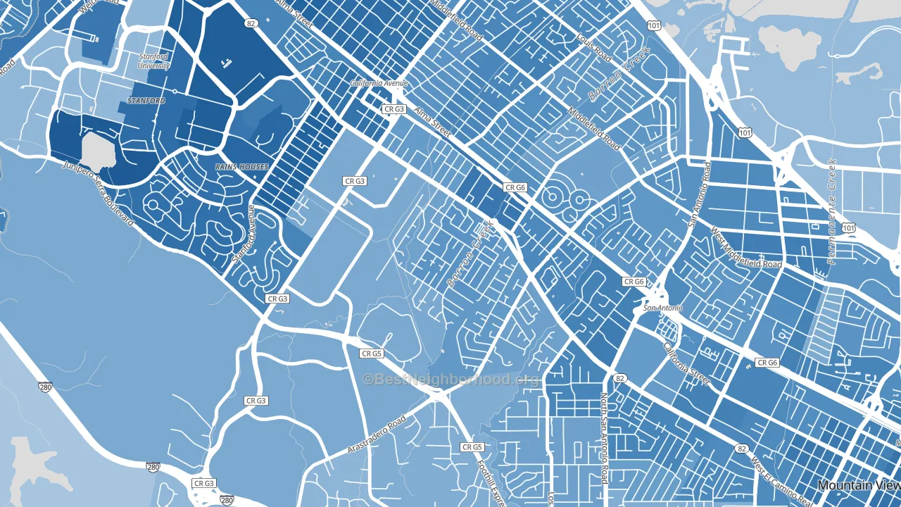 Barron Park, Palo Alto, CA block-group political-lean map
