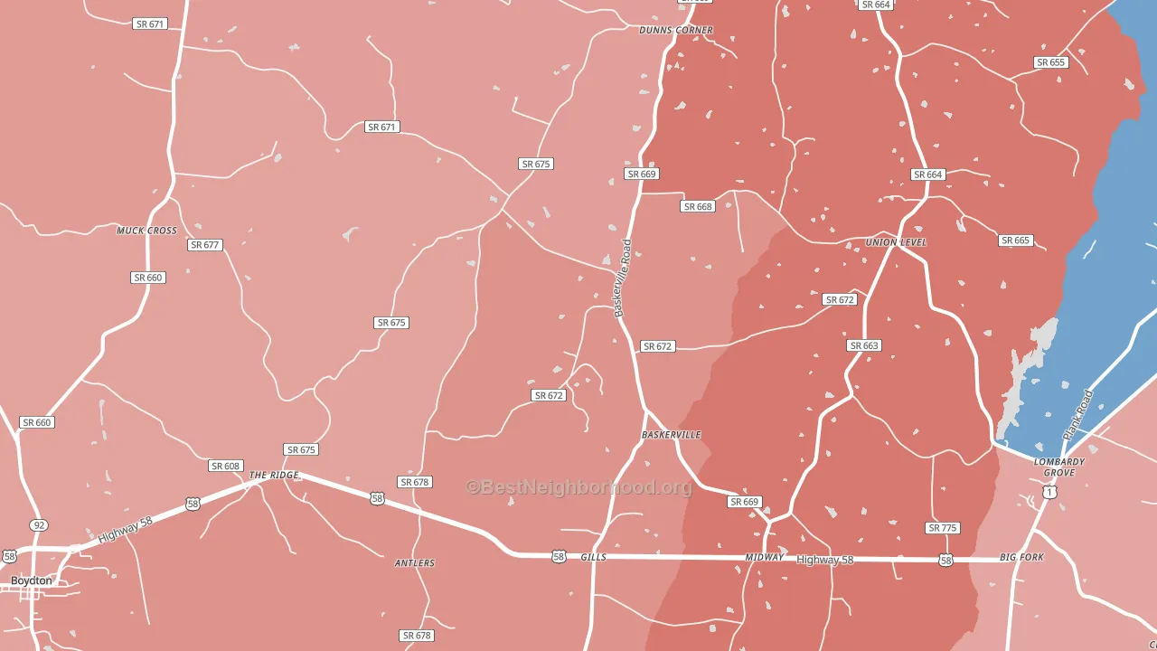 Baskerville, VA block-group political-lean map