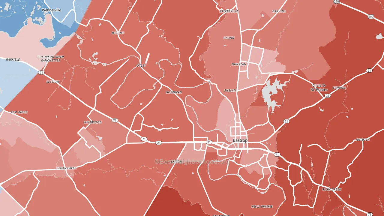 Bastrop County, TX block-group political-lean map