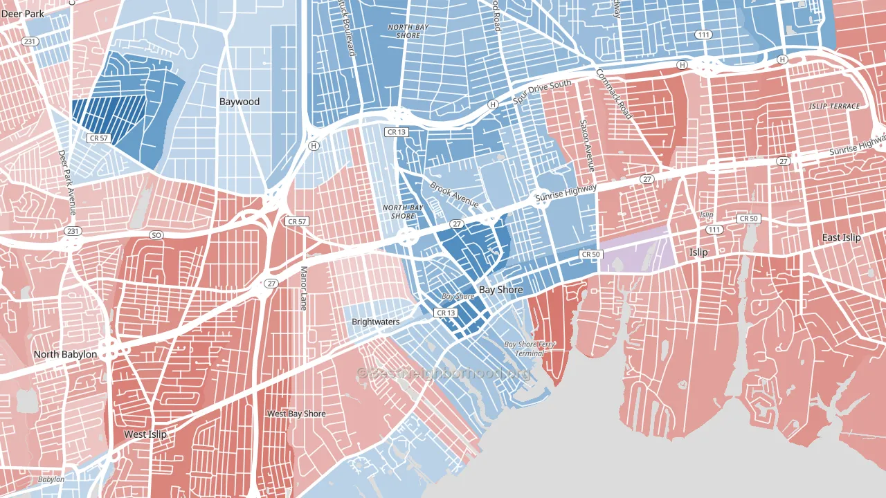 Bay Shore, NY block-group political-lean map