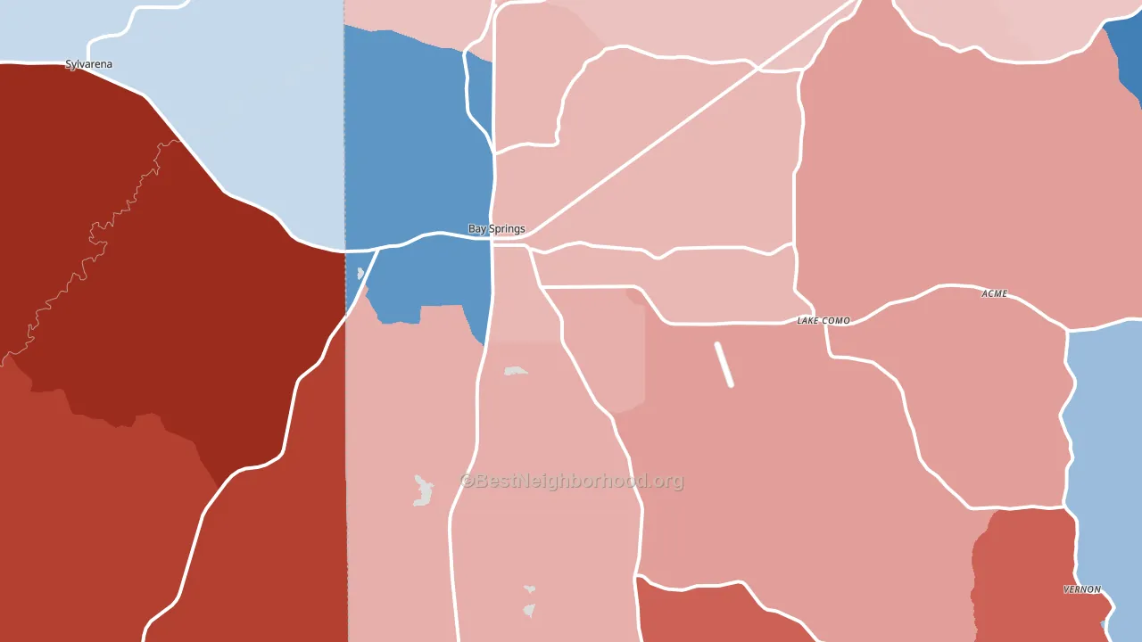Bay Springs, MS block-group political-lean map