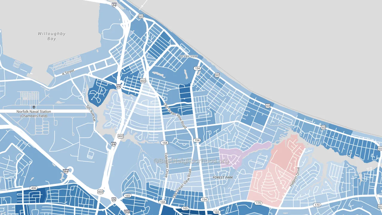 Bay View, Norfolk, VA block-group political-lean map