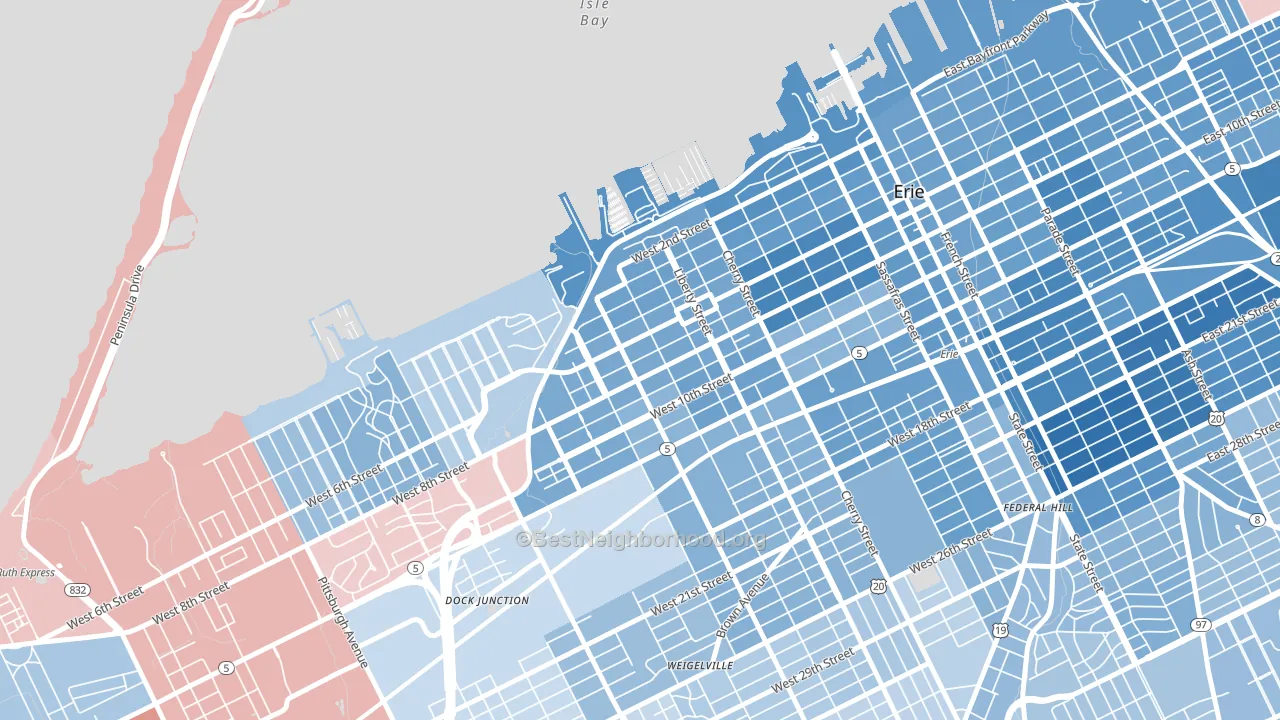 Bayfront, Erie, PA block-group political-lean map