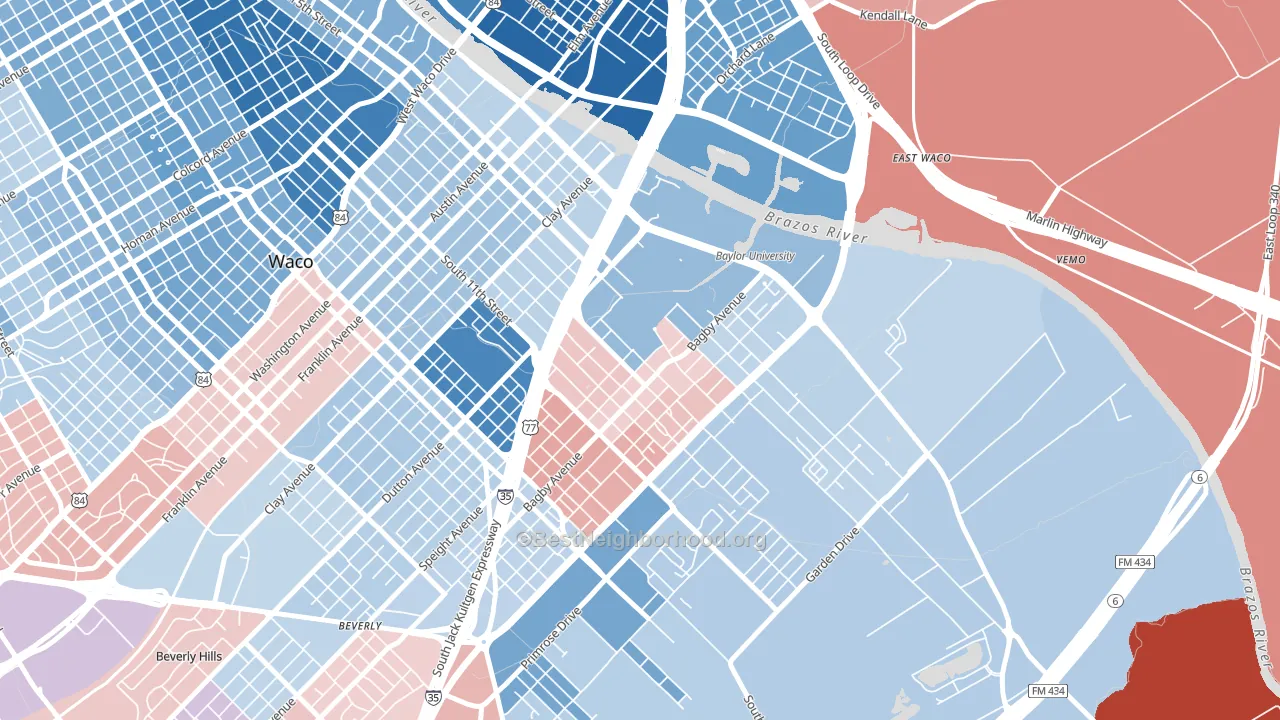 Baylor, Waco, TX block-group political-lean map