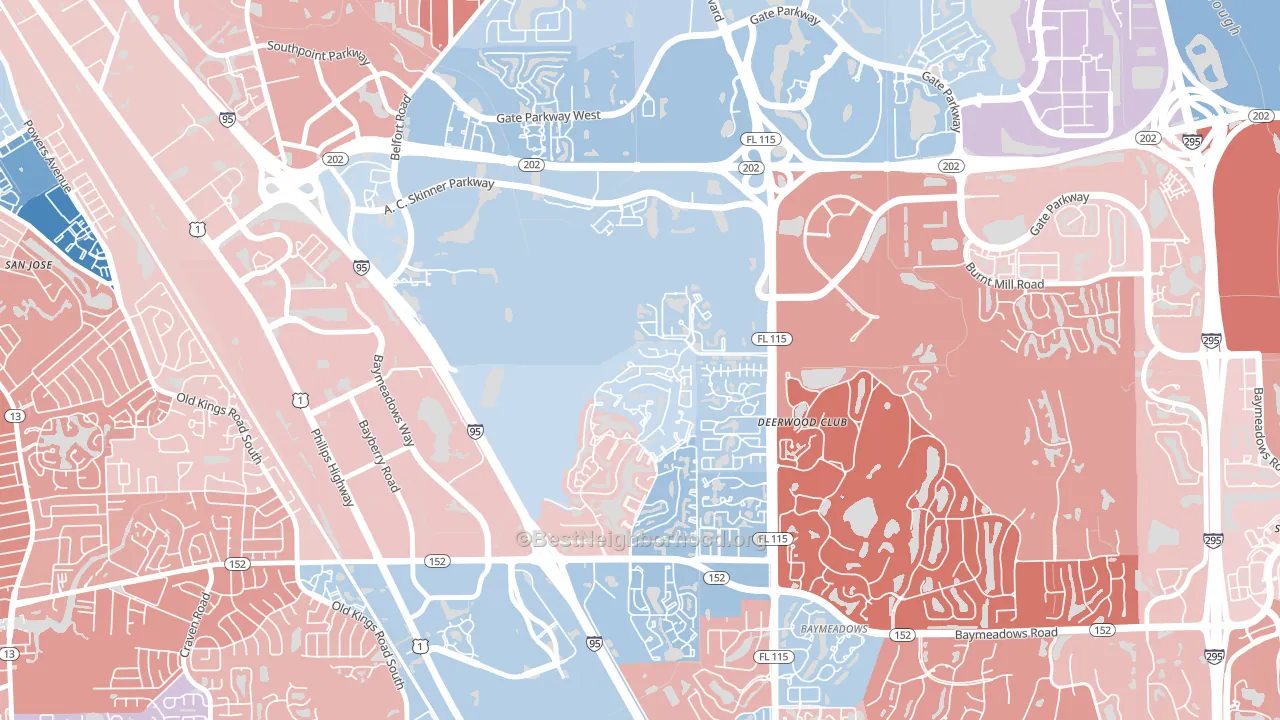Baymeadows, Jacksonville, FL block-group political-lean map