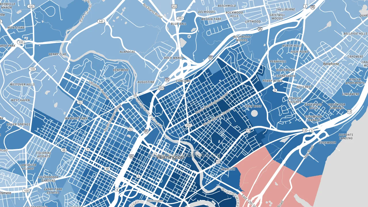 Baynard Village, Wilmington, DE block-group political-lean map