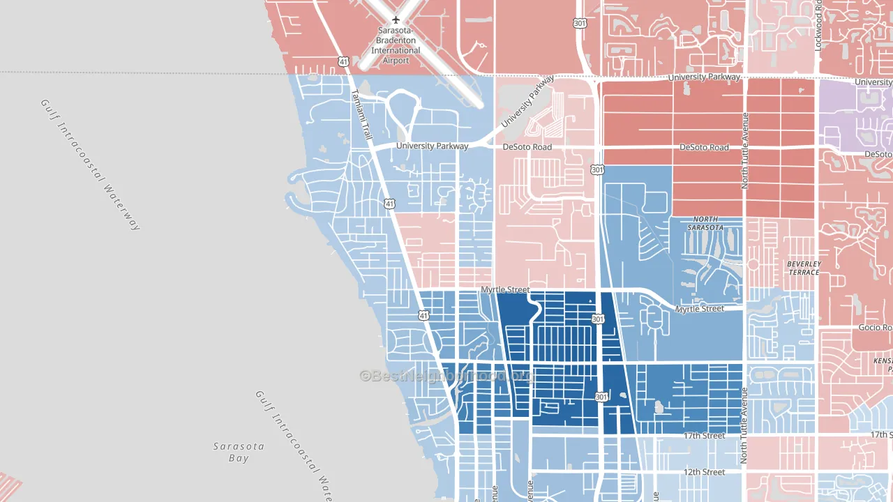 Bayou Oaks, Sarasota, FL block-group political-lean map