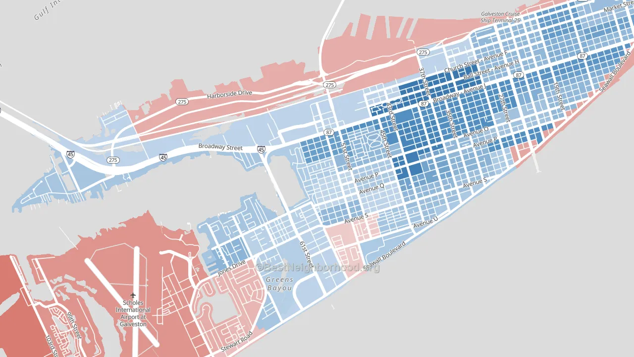 Bayou Shore, Galveston, TX block-group political-lean map