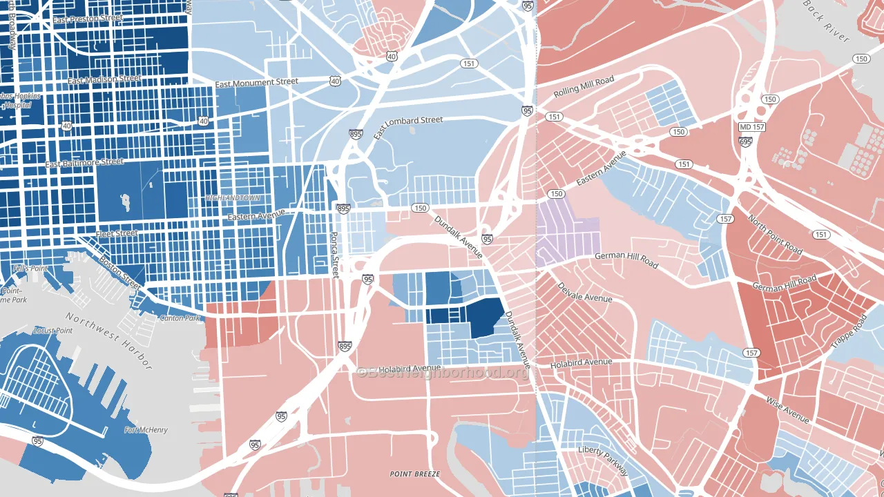 Bayview Area, Baltimore, MD block-group political-lean map