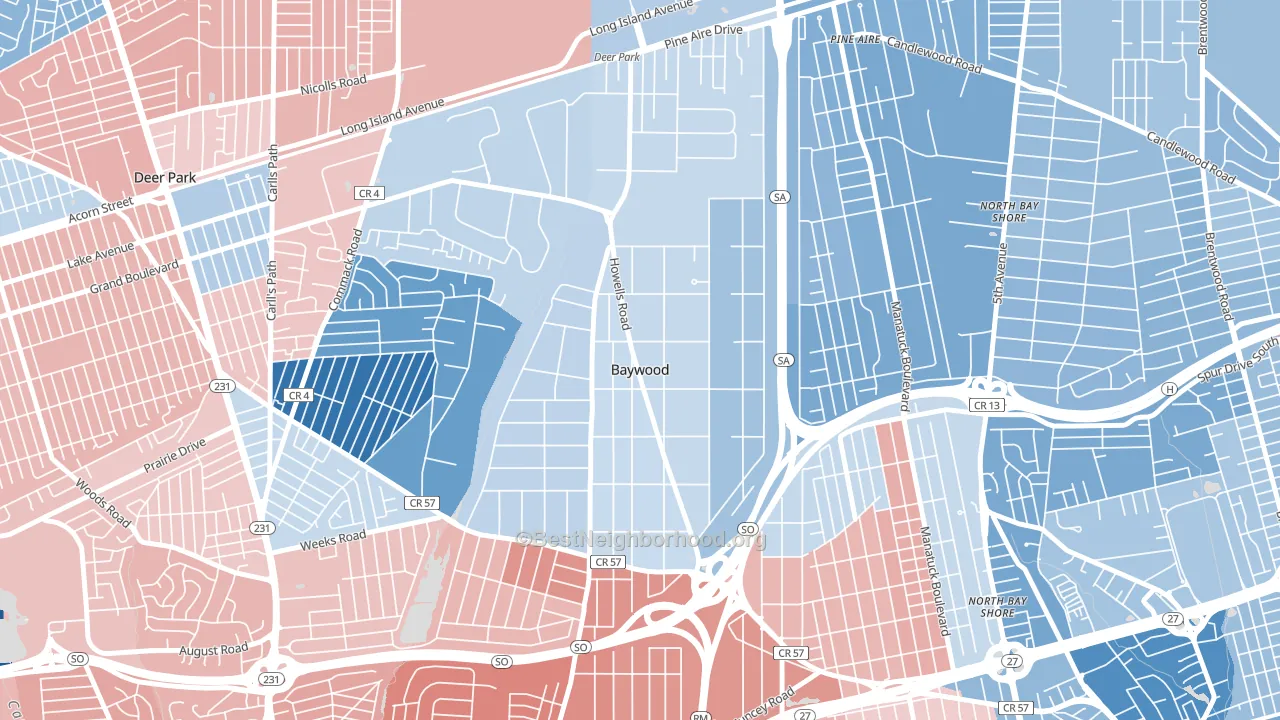 Baywood, NY block-group political-lean map