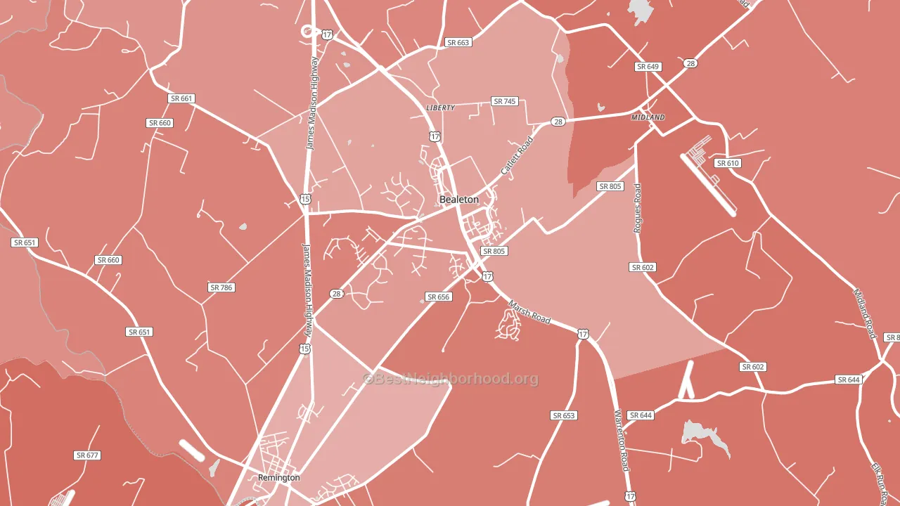 Bealeton, VA block-group political-lean map