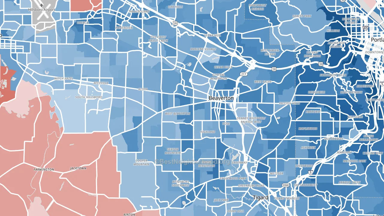 Beaverton, OR block-group political-lean map