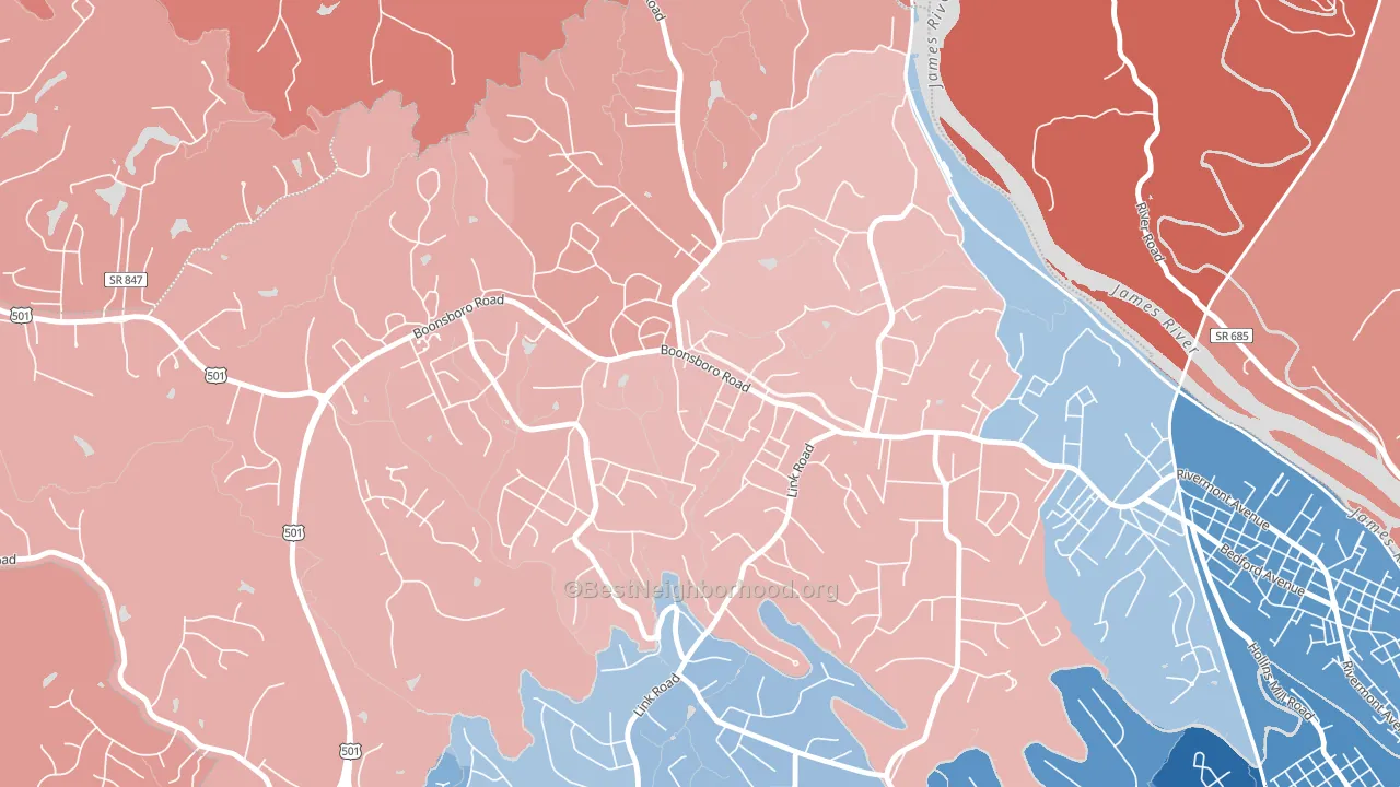 Bedford Hills, Lynchburg, VA block-group political-lean map