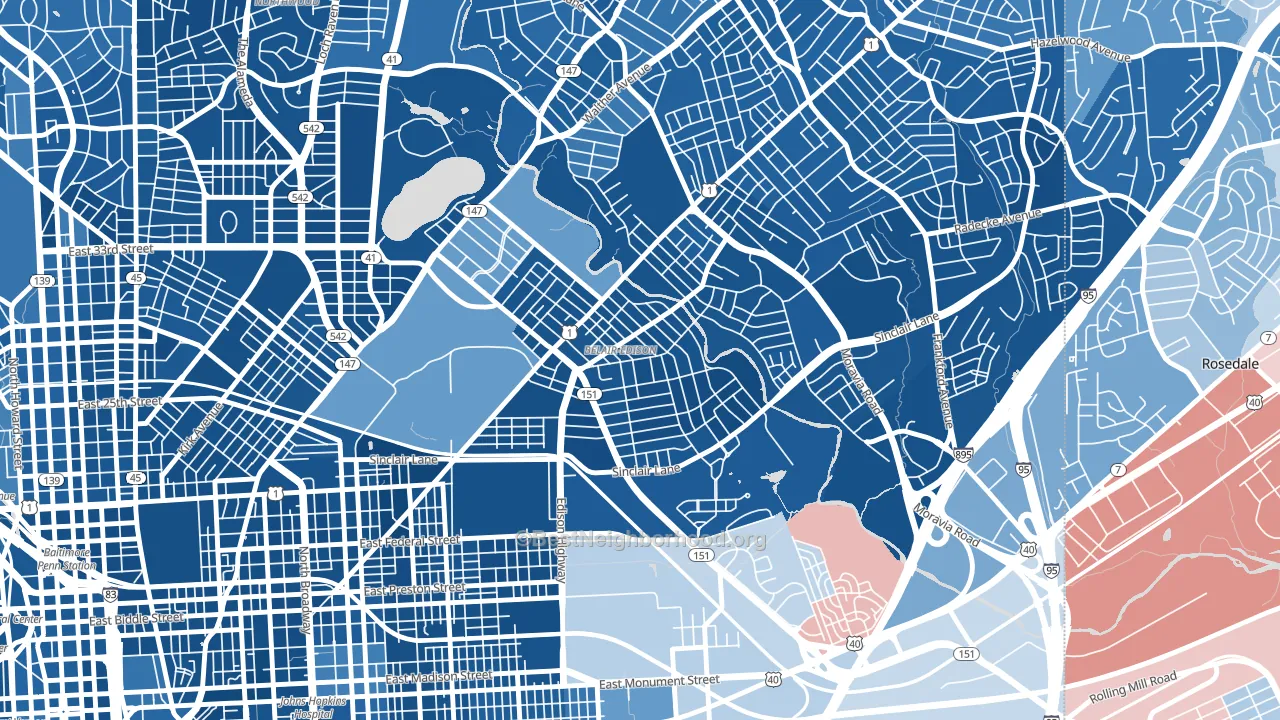 Belair-Edison, Baltimore, MD block-group political-lean map