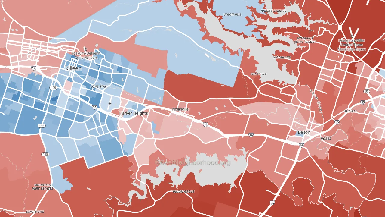 Bell County, TX block-group political-lean map